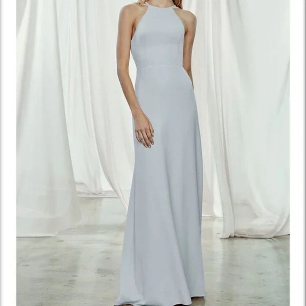 AMSALE Elegant Light Blue Halter Neck Bridesmaid Formal Evening Gown Dress 2 g